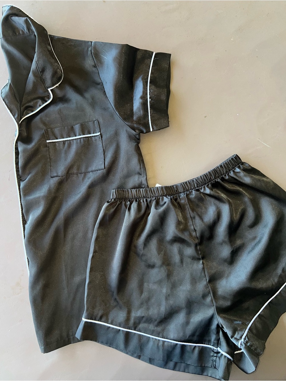 Black Satin Pajama Set with White Piping